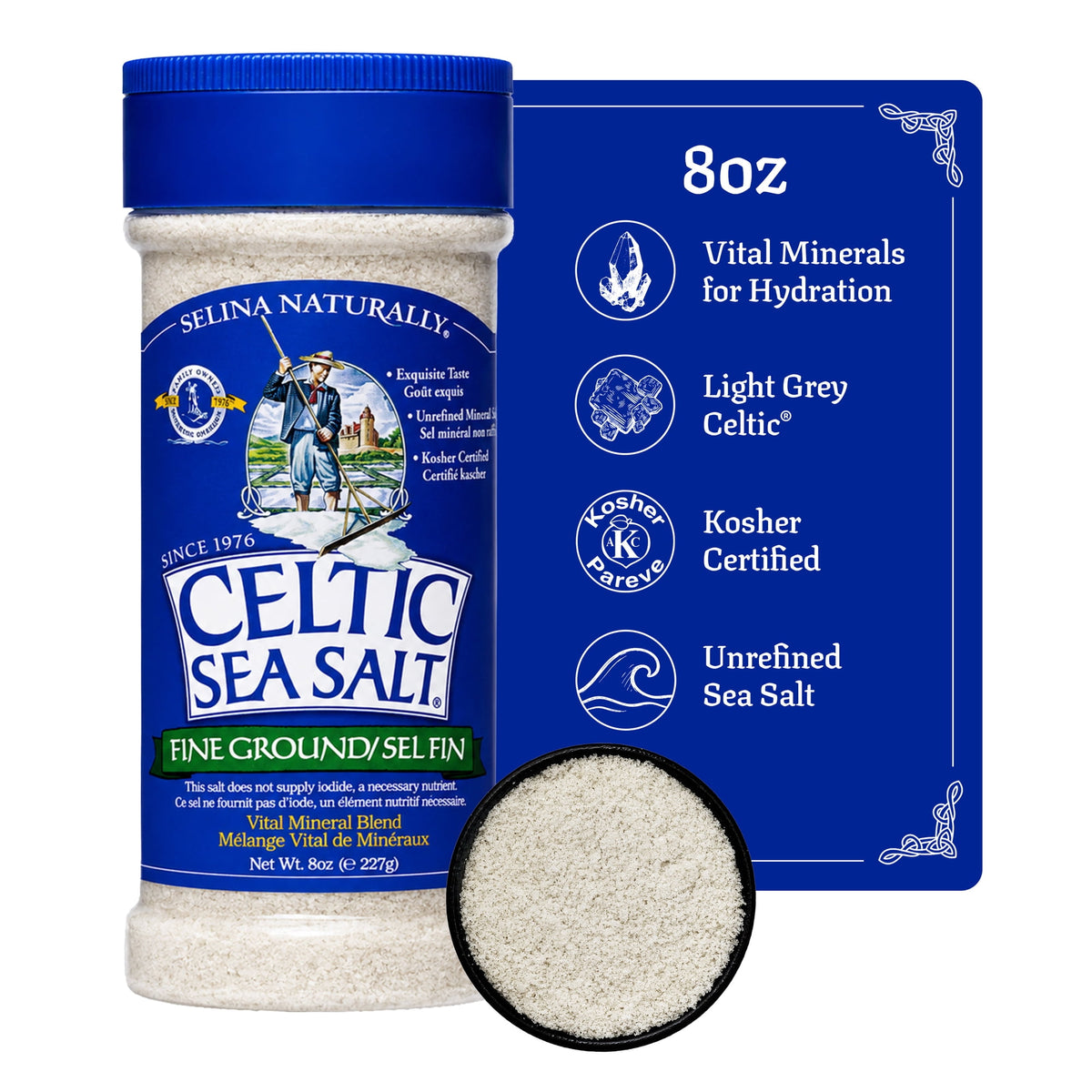 Celtic Sea Salt Fine Ground Kosher Certified Sea Salt Shaker, Allergen-Free, 8 oz